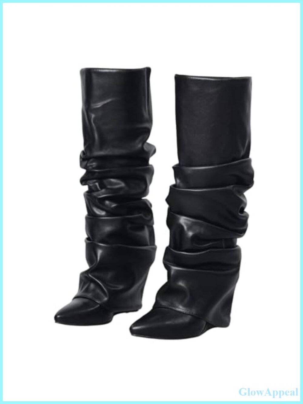Slouched Ruched Fold Over Knee High Boots Wide Calf Pointed Toe Wedge Heel